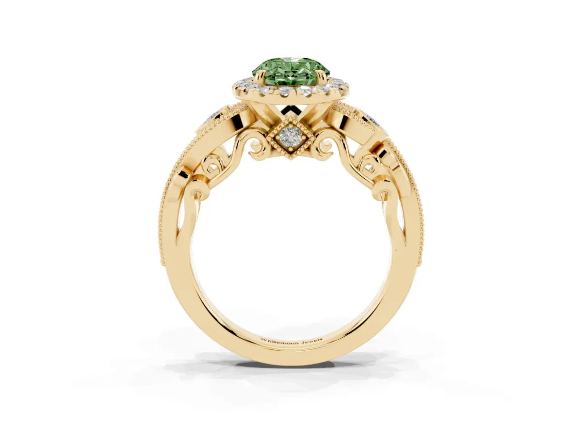 Fancy Green Oval Cut Diamond Halo Ring with Milgrain Pavé Band and Four-Prong Setting Yellow gold