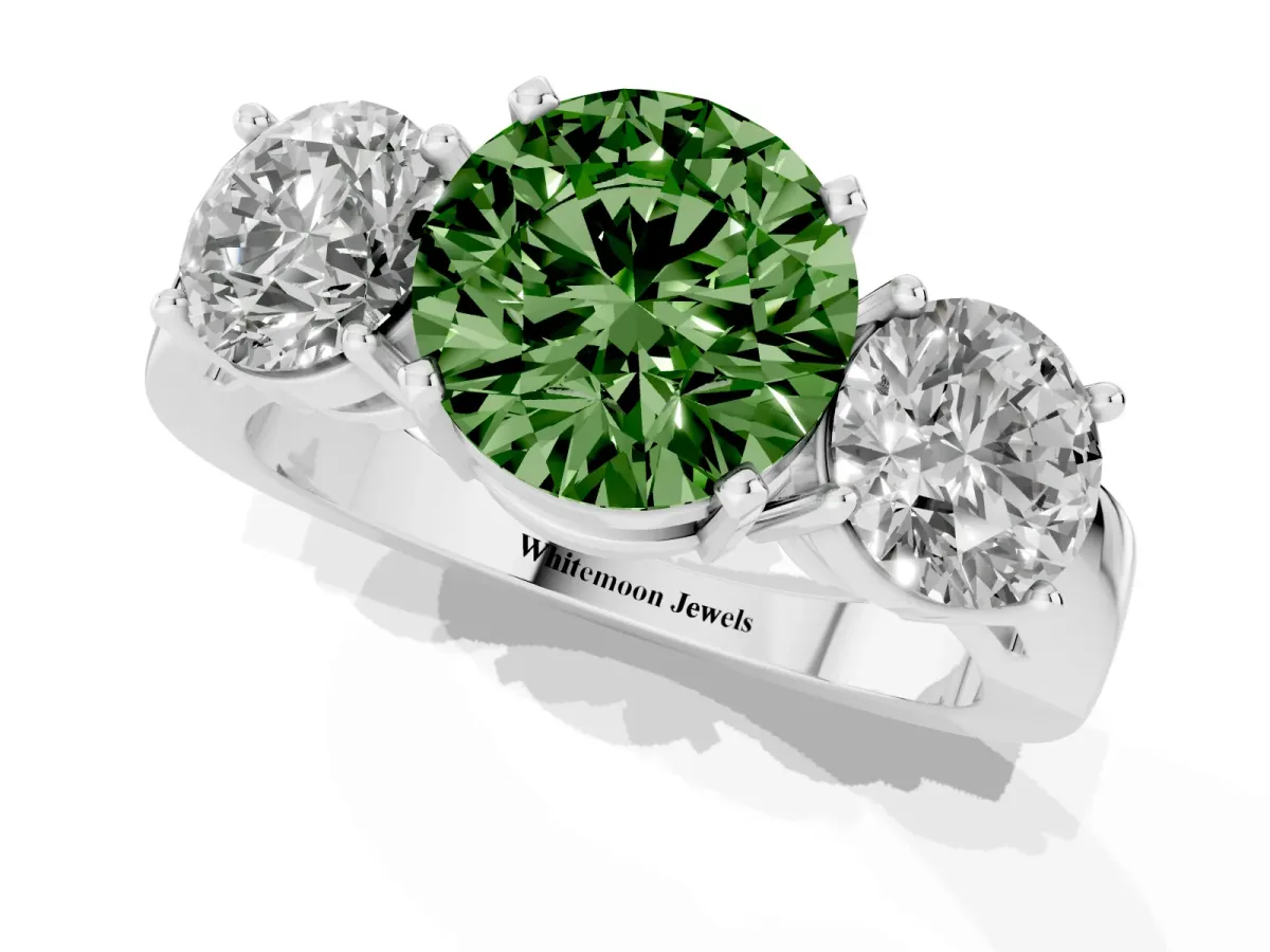 Fancy Green Three-Stone Round Cut Diamond Ring with Round Side Stones, Classic Band, and Four-Prong Setting Silver