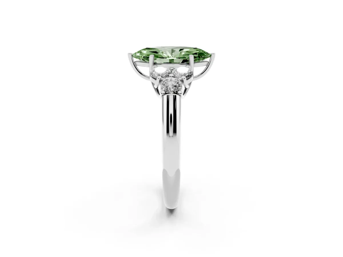 Fancy Green Marquise Cut Cut Diamond Cluster Ring with Round Accent Stones and Prong Setting on a Classic Band White gold