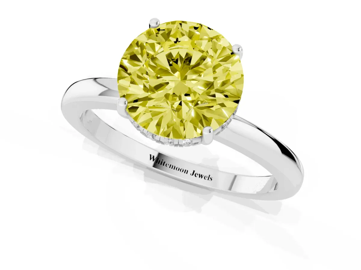 Fancy Yellow Round Cut Solitaire Diamond Ring with Prong Setting and Plain Band Silver