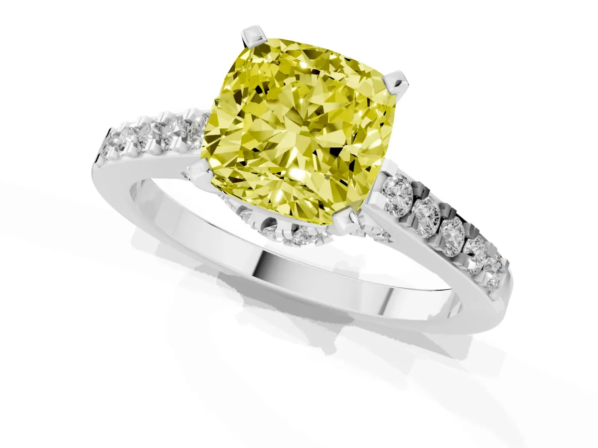 Fancy Yellow Cushion Cut Diamond Solitaire Ring with Crossover Gallery and Round Pavé Band Silver