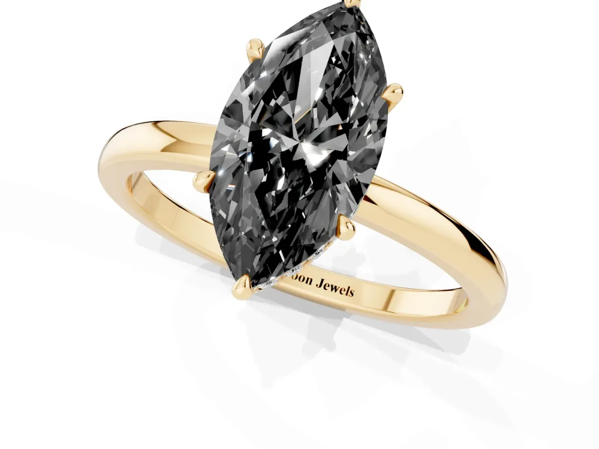 Fancy Black Marquise Cut Solitaire Engagement Ring with Cathedral Band and Four-Prong Setting Yellow gold