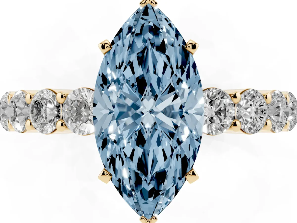 Fancy Blue Marquise Cut Diamond Solitaire Ring with Shared Prong Round Side Stones Yellow gold