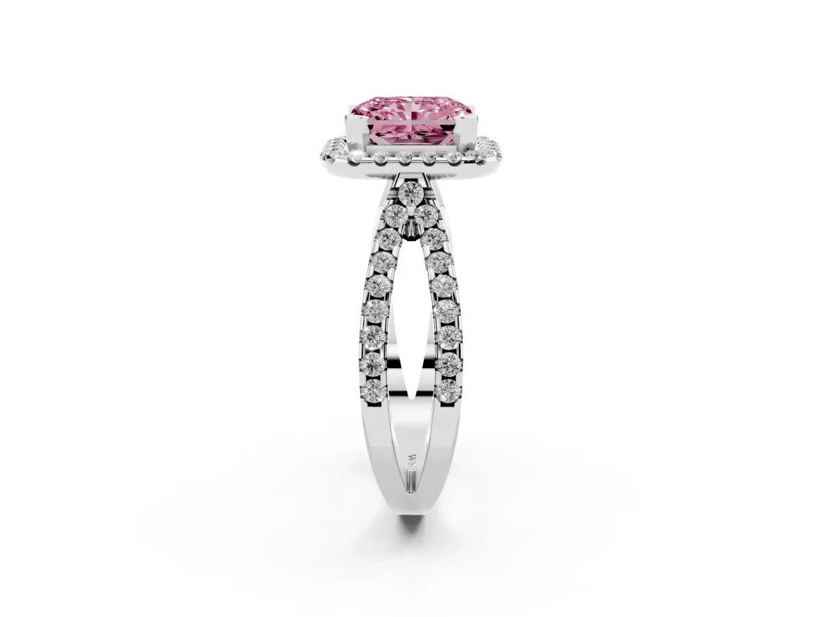 Fancy Pink Radiant Cut Diamond Halo Ring with Split Shank Pavé Band and Prong Setting Silver