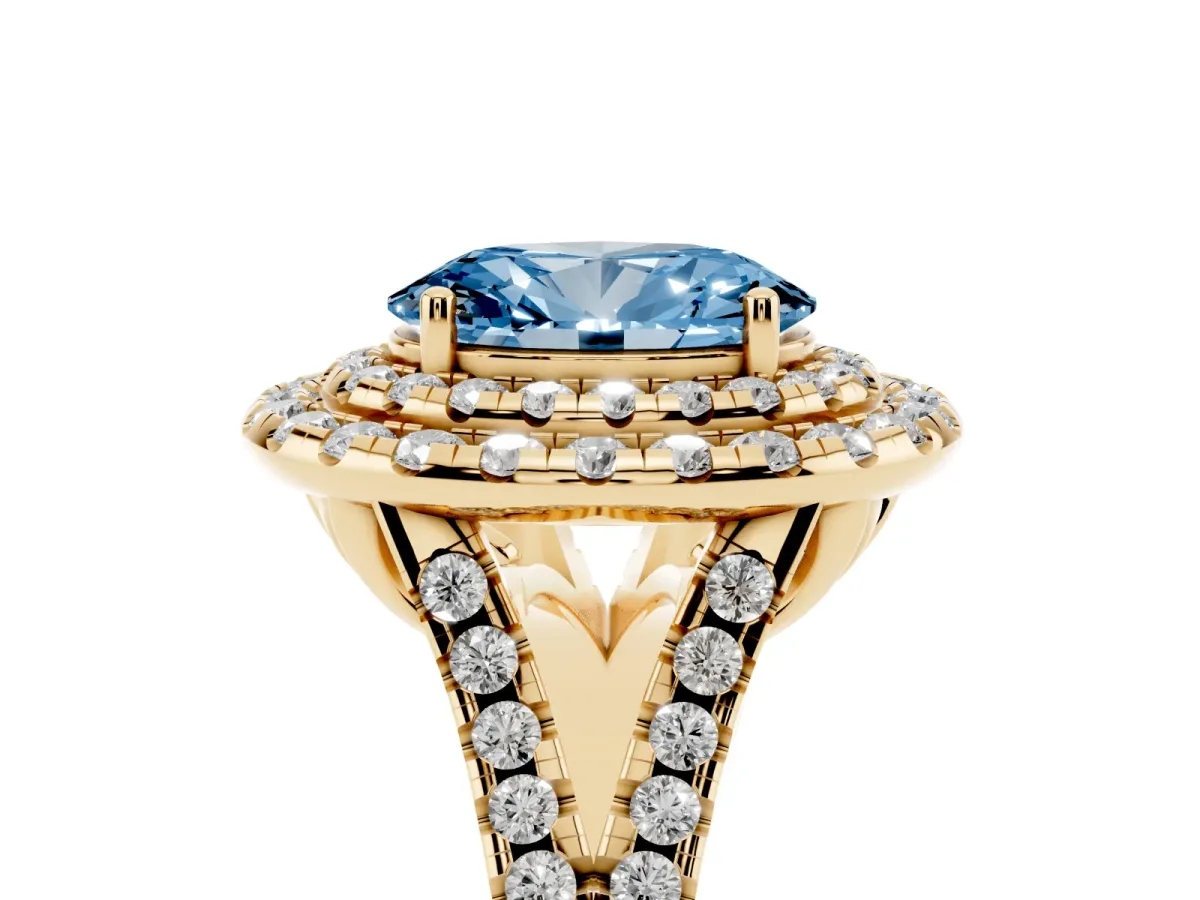 Fancy Blue Double Halo Oval Cut Diamond Pavé Split Shank Ring with Prong Setting Yellow gold