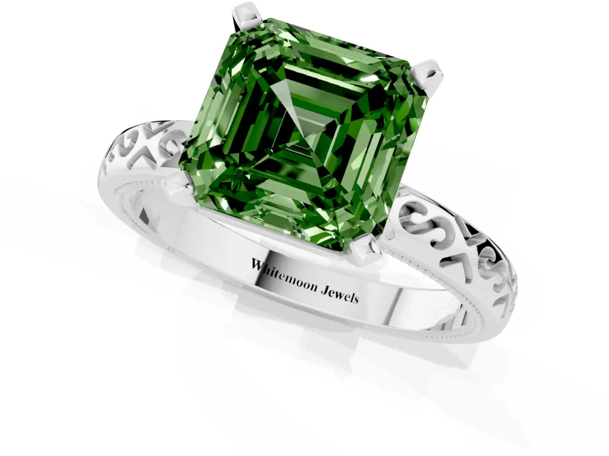 Fancy Green Asscher Cut Solitaire Engagement Ring with Scrollwork Band and Four-Prong Setting Silver