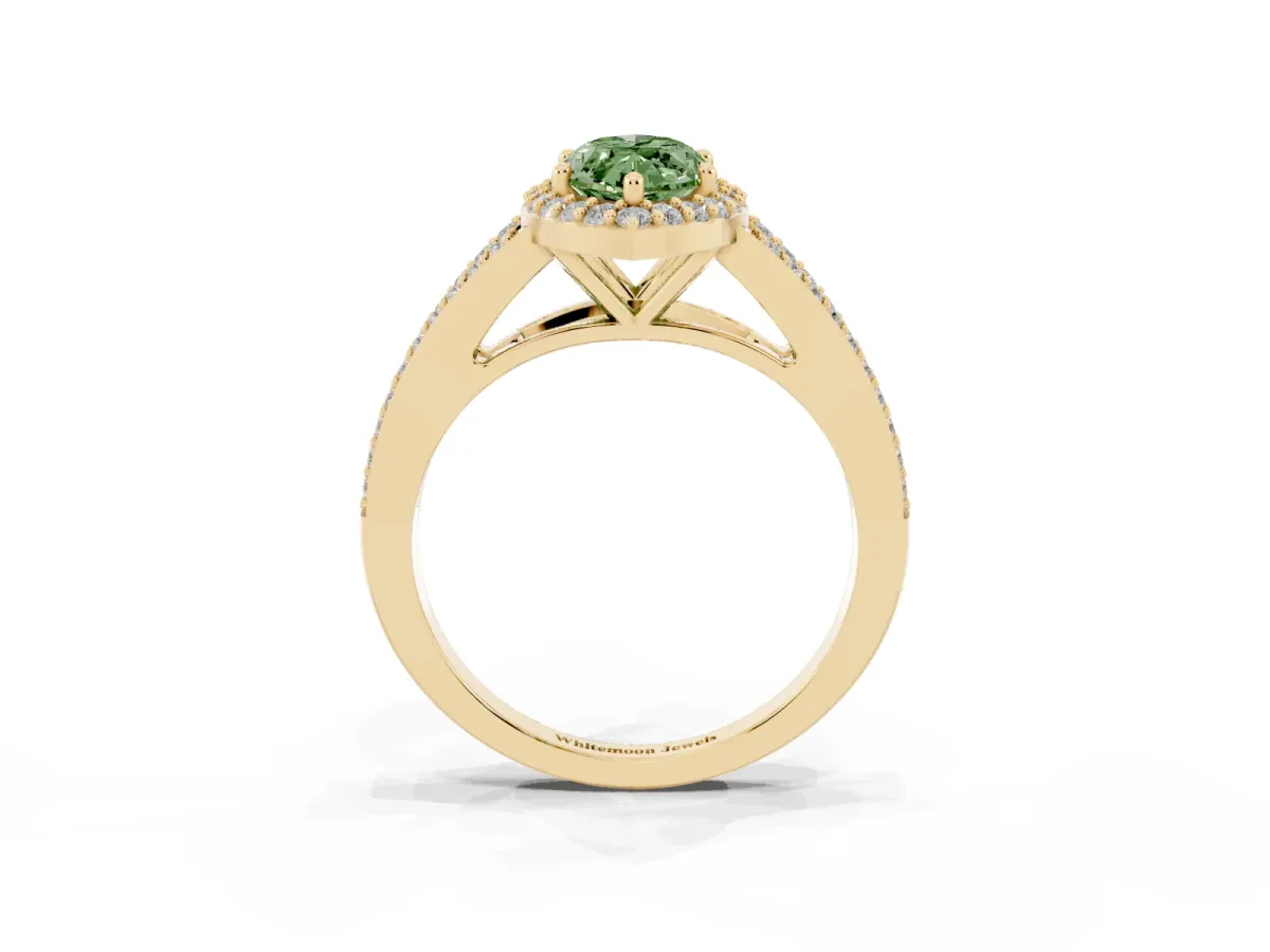 Fancy Green Marquise Cut Halo Split Shank Diamond Ring with Prong Setting Yellow gold