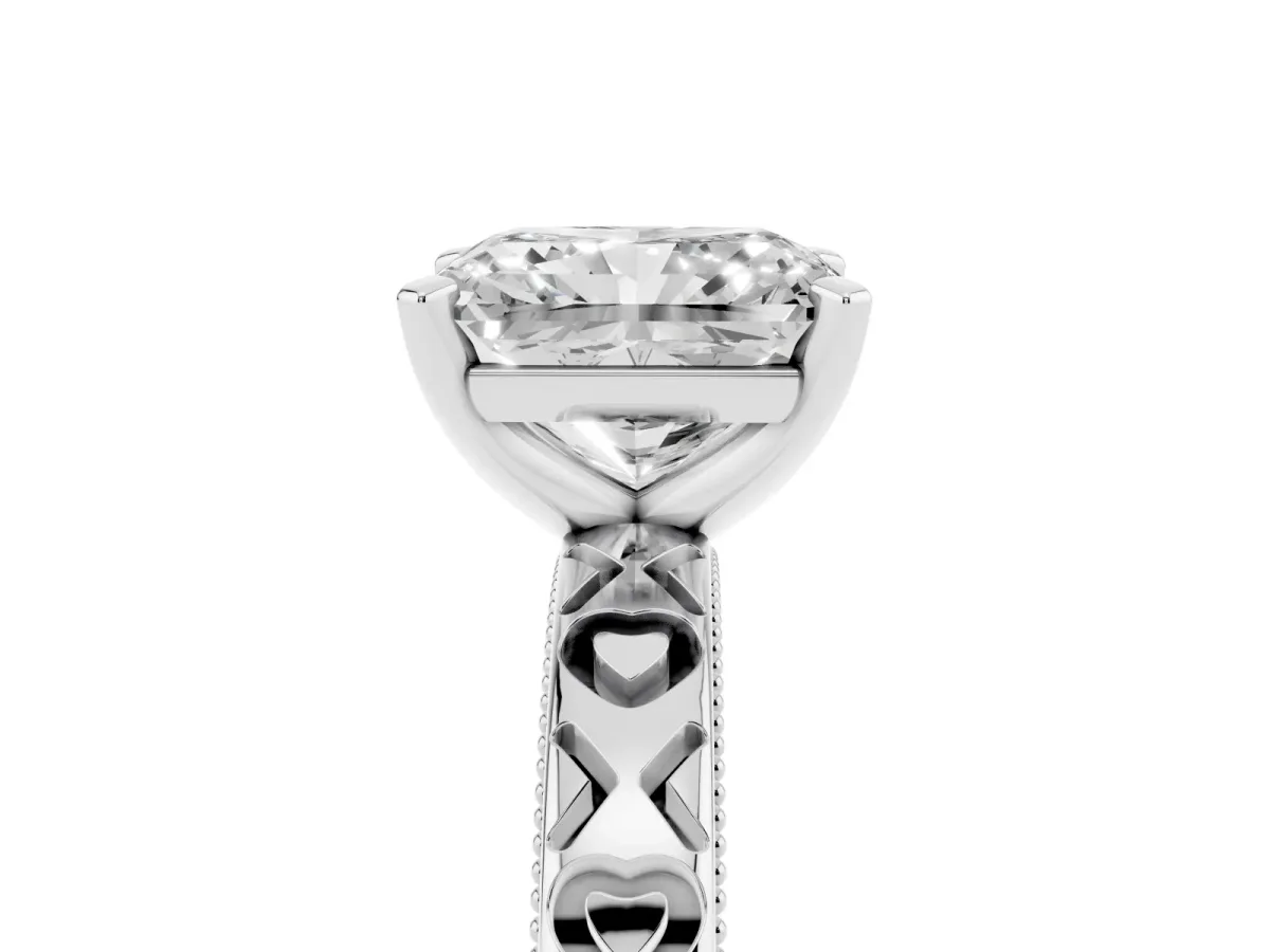 Radiant Cut Solitaire Diamond Engagement Ring with XO Engraved Band and Four-Prong Setting Silver