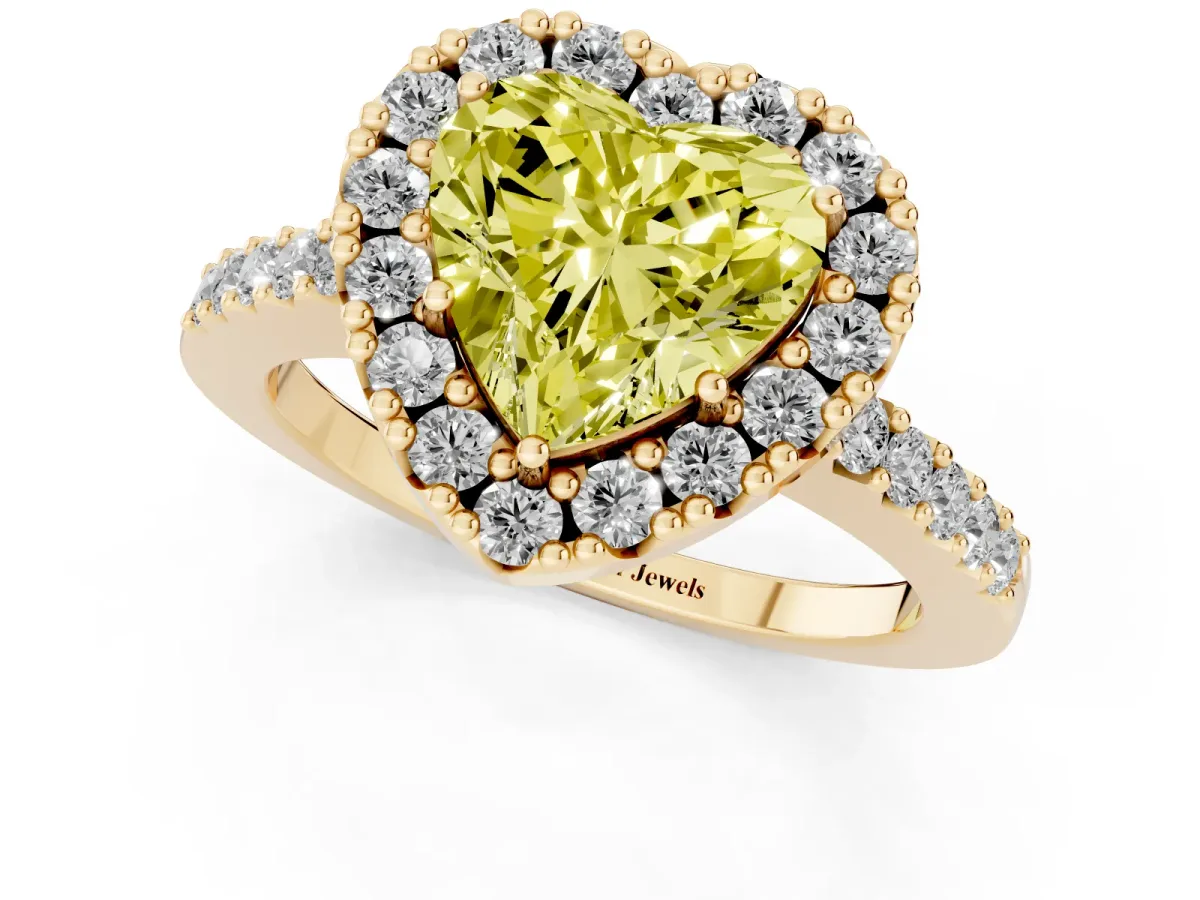 Fancy Yellow Heart Cut Halo Diamond Pavé Solitaire Ring Yellow gold