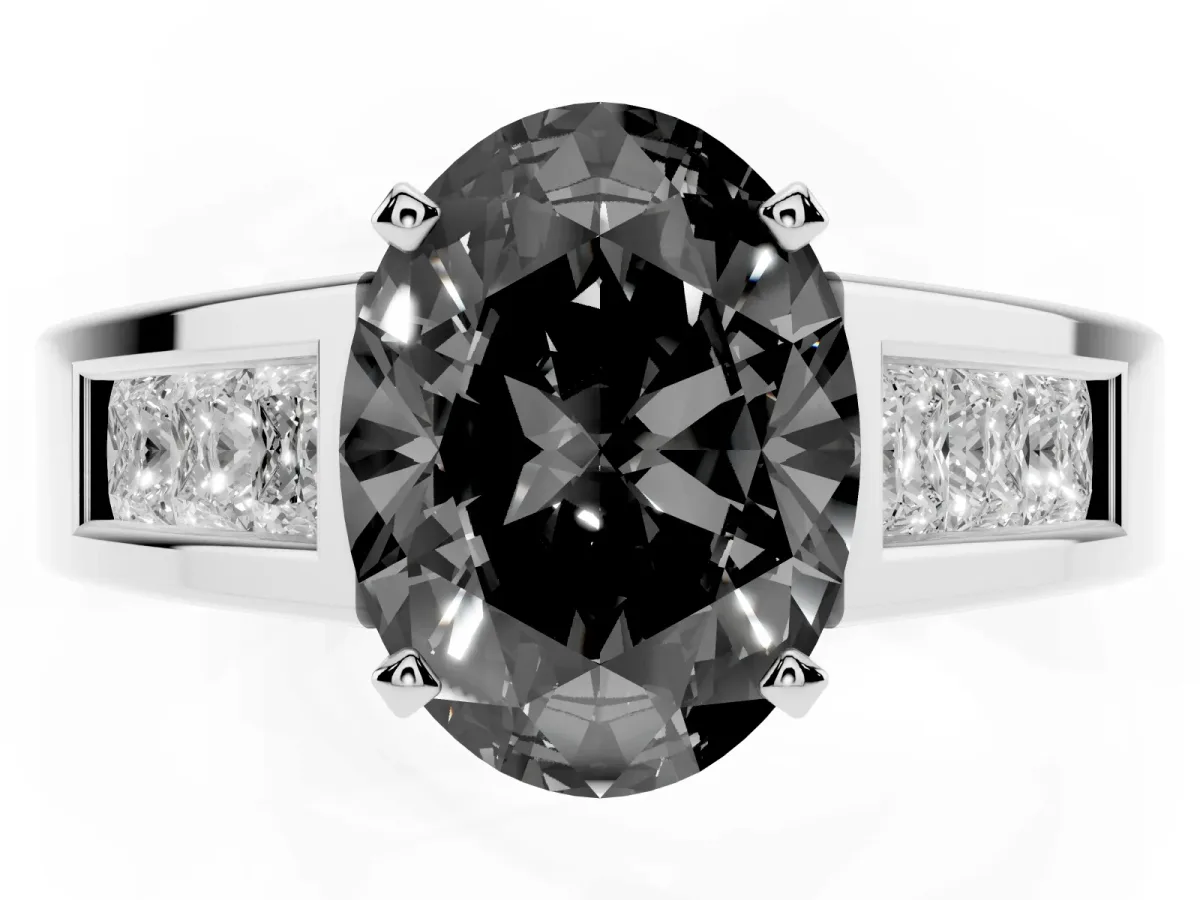 Fancy Black Oval Cut Cut Channel Set Solitaire Ring with Four-Prong Setting White gold