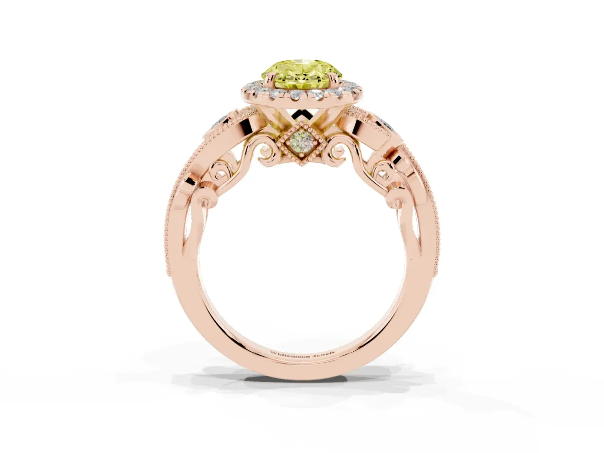 Fancy Yellow Oval Cut Diamond Halo Ring with Milgrain Pavé Band and Four-Prong Setting Rose gold