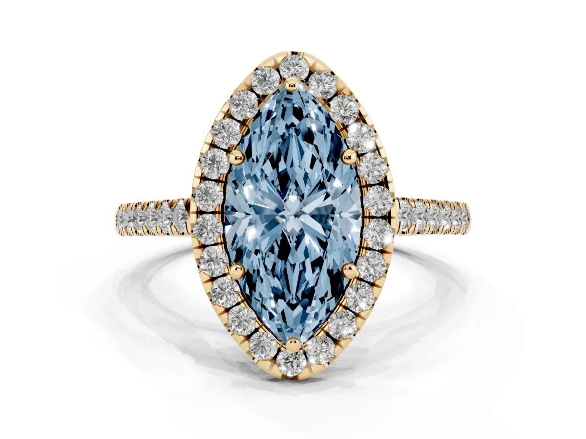 Fancy Blue Marquise Cut Halo Pave Diamond Engagement Ring with Four-Prong Setting Yellow gold