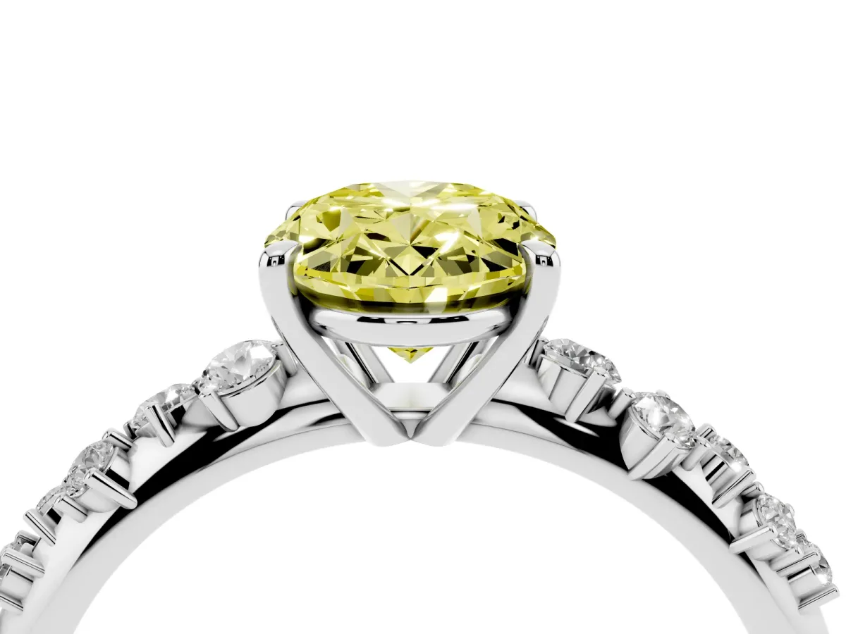 Fancy Yellow Oval Cut Diamond Cluster Side Stone Solitaire Ring with Prong Setting Silver