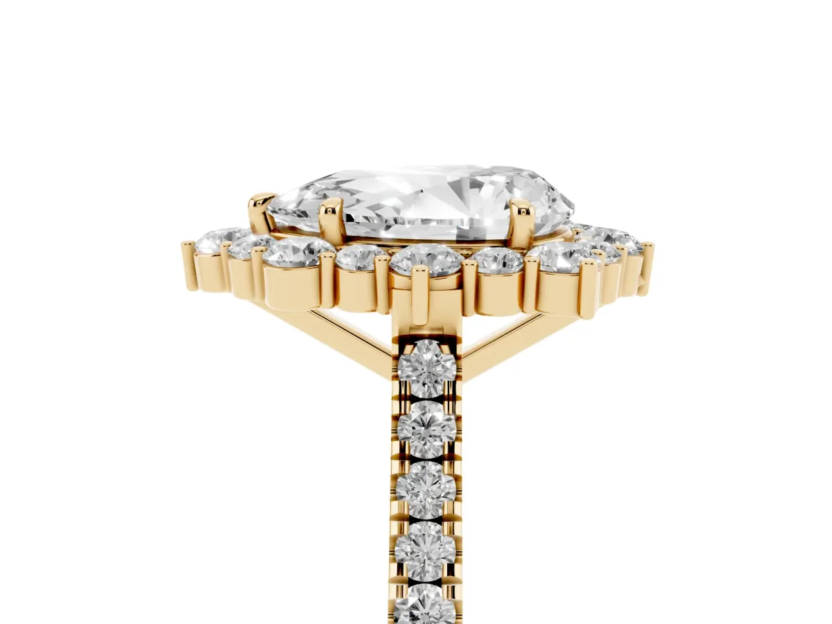 Pear Cut Halo Diamond Ring with Pavé Band and Prong Setting Yellow gold