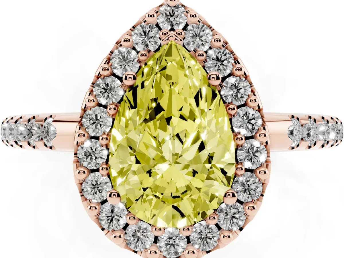 Fancy Yellow Pear Cut Diamond Pavé Halo Ring with Four-Prong Setting Rose gold