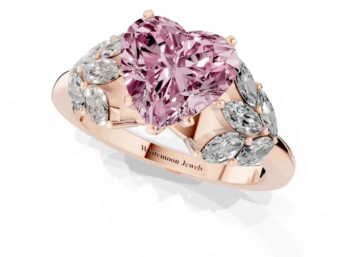 Fancy Pink Heart Cut Diamond Cluster Leaf Design Ring with Prong Setting Rose gold