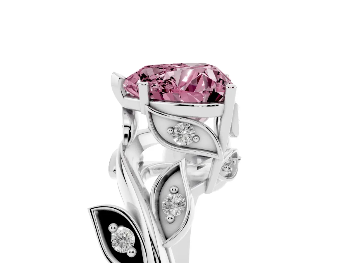 Fancy Pink Heart Cut Solitaire Twist Engagement Ring with Leaf Accents and Prong Setting White gold