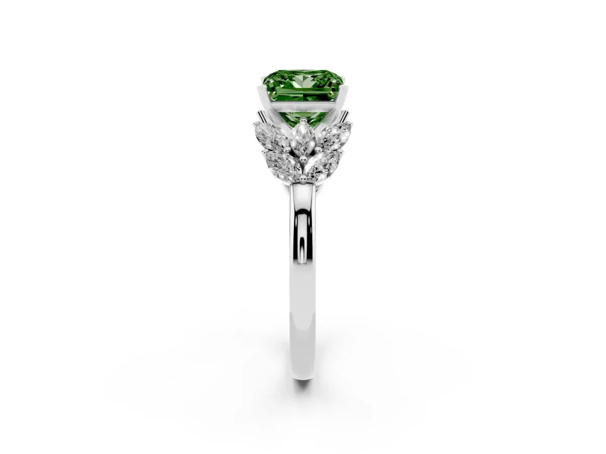 Fancy Green Princess Cut Diamond Cluster Leaf Design Ring with Prong Setting White gold