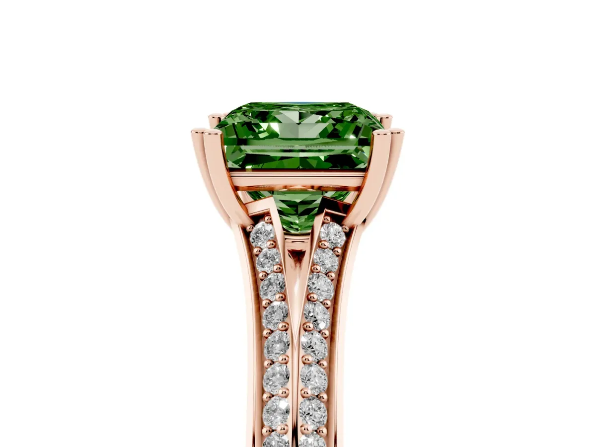 Fancy Green Princess Cut Diamond Split Shank Engagement Ring with Pavé Band Rose gold