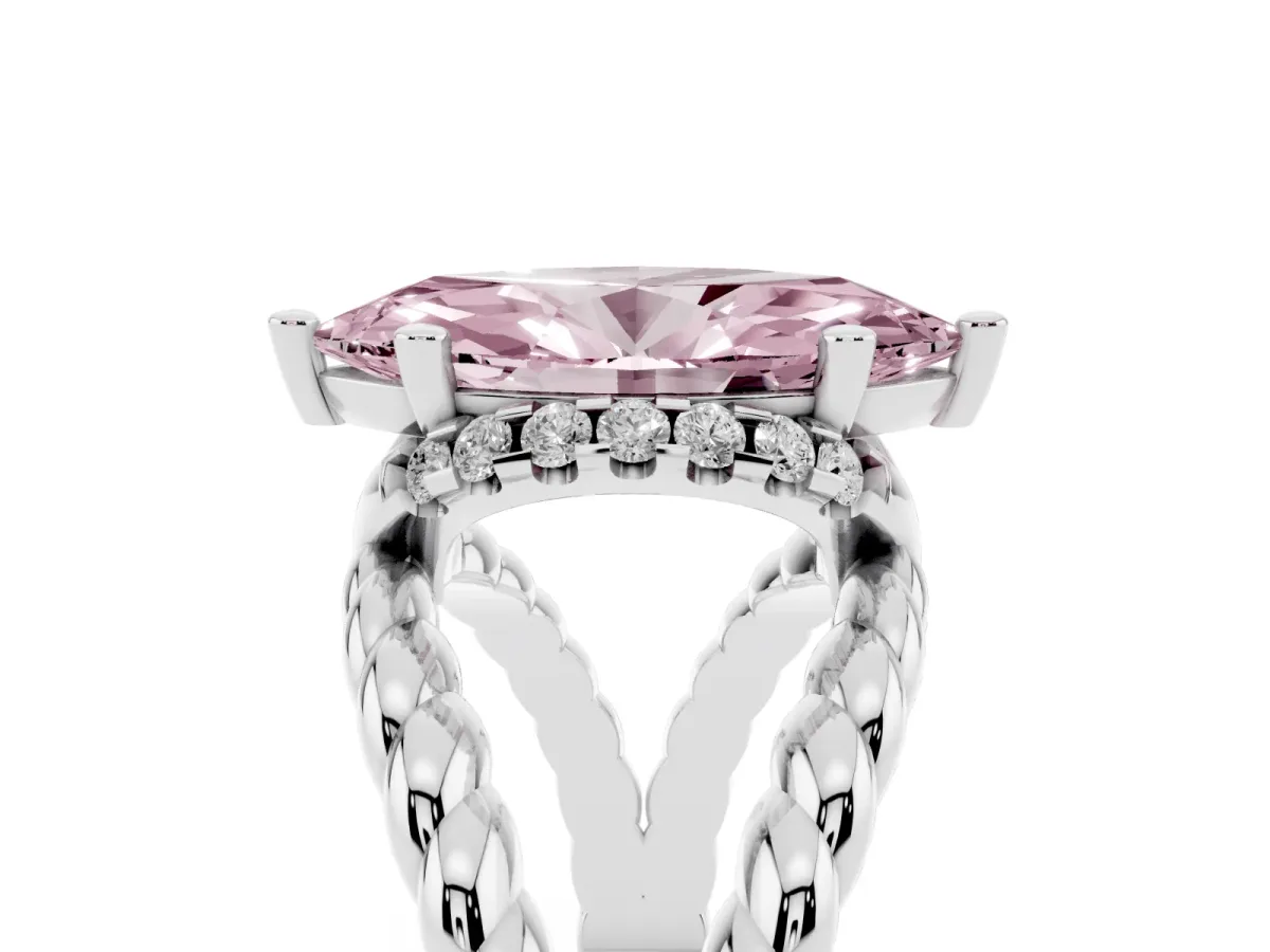 Fancy Pink Marquise Cut Halo Twisted Band Four-Prong Ring Silver