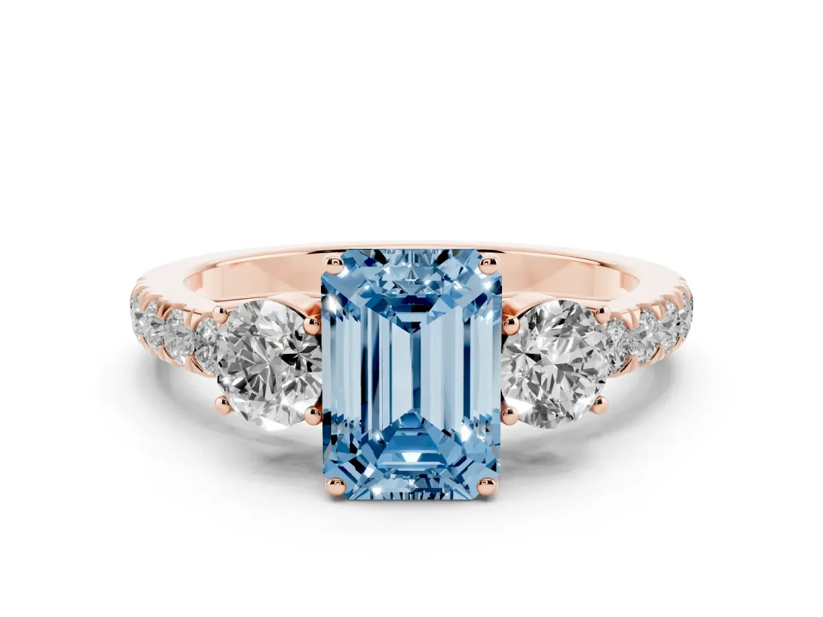 Fancy Blue Emerald Cut Cut Diamond Three-Stone Ring with Round Side Stones and Pavé Band Rose gold