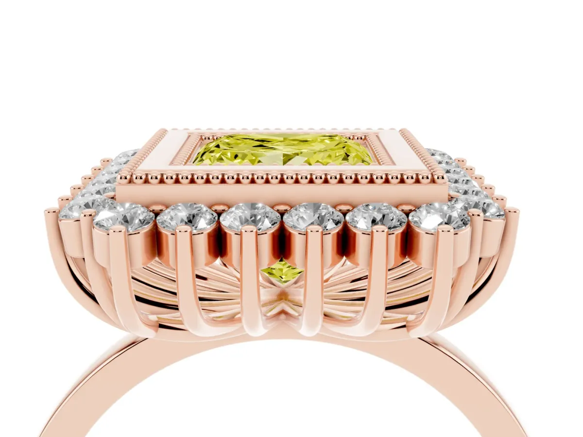 Fancy Yellow Princess Cut Halo Diamond Ring with Milgrain Edge and Round Prong Setting Rose gold