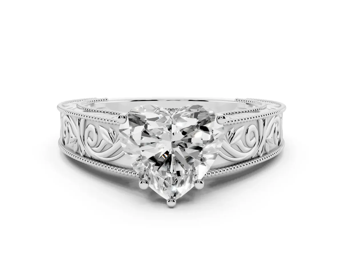 Heart Cut Diamond Solitaire Ring with Engraved Band and Four-Prong Setting White gold