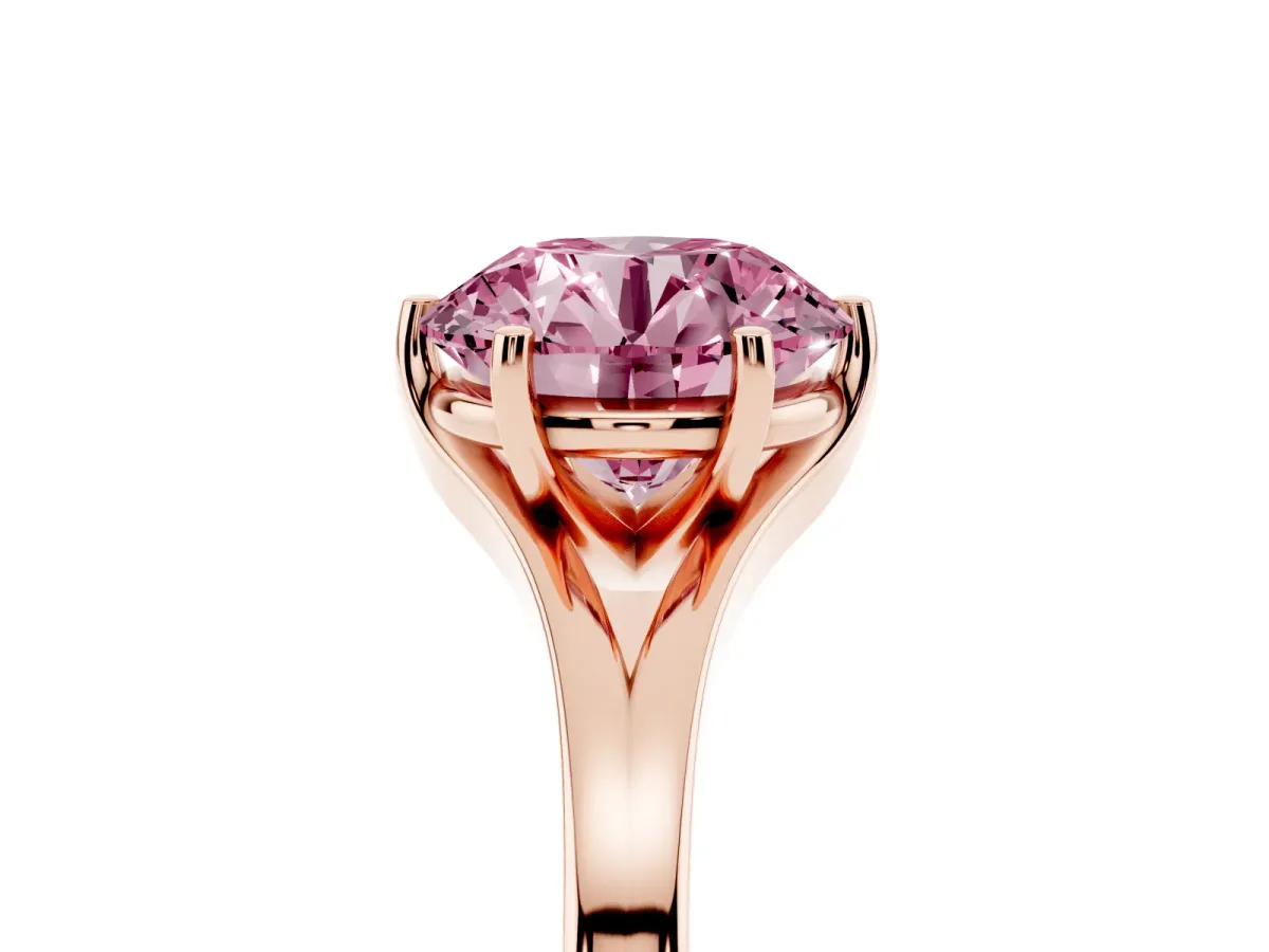 Fancy Pink Round Cut Solitaire Diamond Ring with Six-Prong Setting and Tapered Band Rose gold
