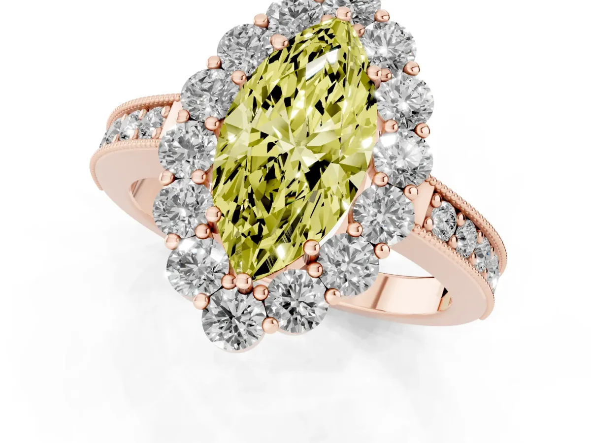 Fancy Yellow Marquise Cut Cut Halo Diamond Pavé Engagement Ring with Milgrain Detailing Rose gold