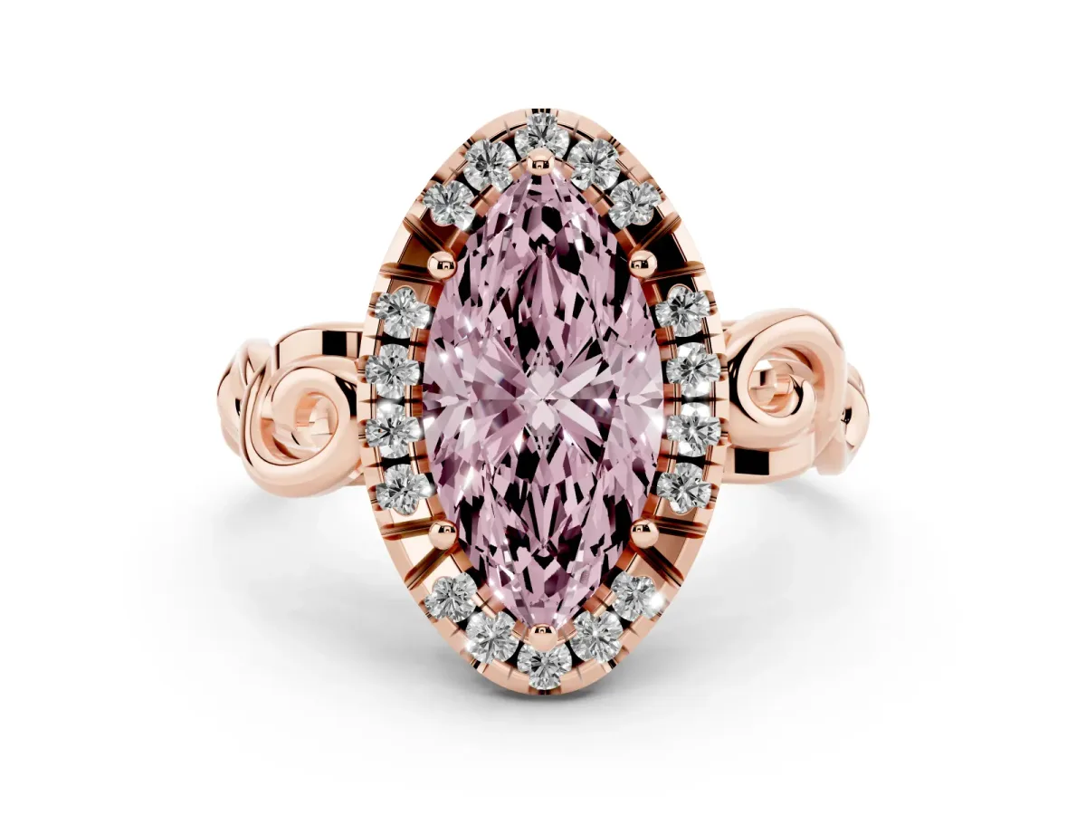 Fancy Pink Marquise Cut Cut Halo Diamond Ring with Scrollwork Band and Four-Prong Setting Rose gold