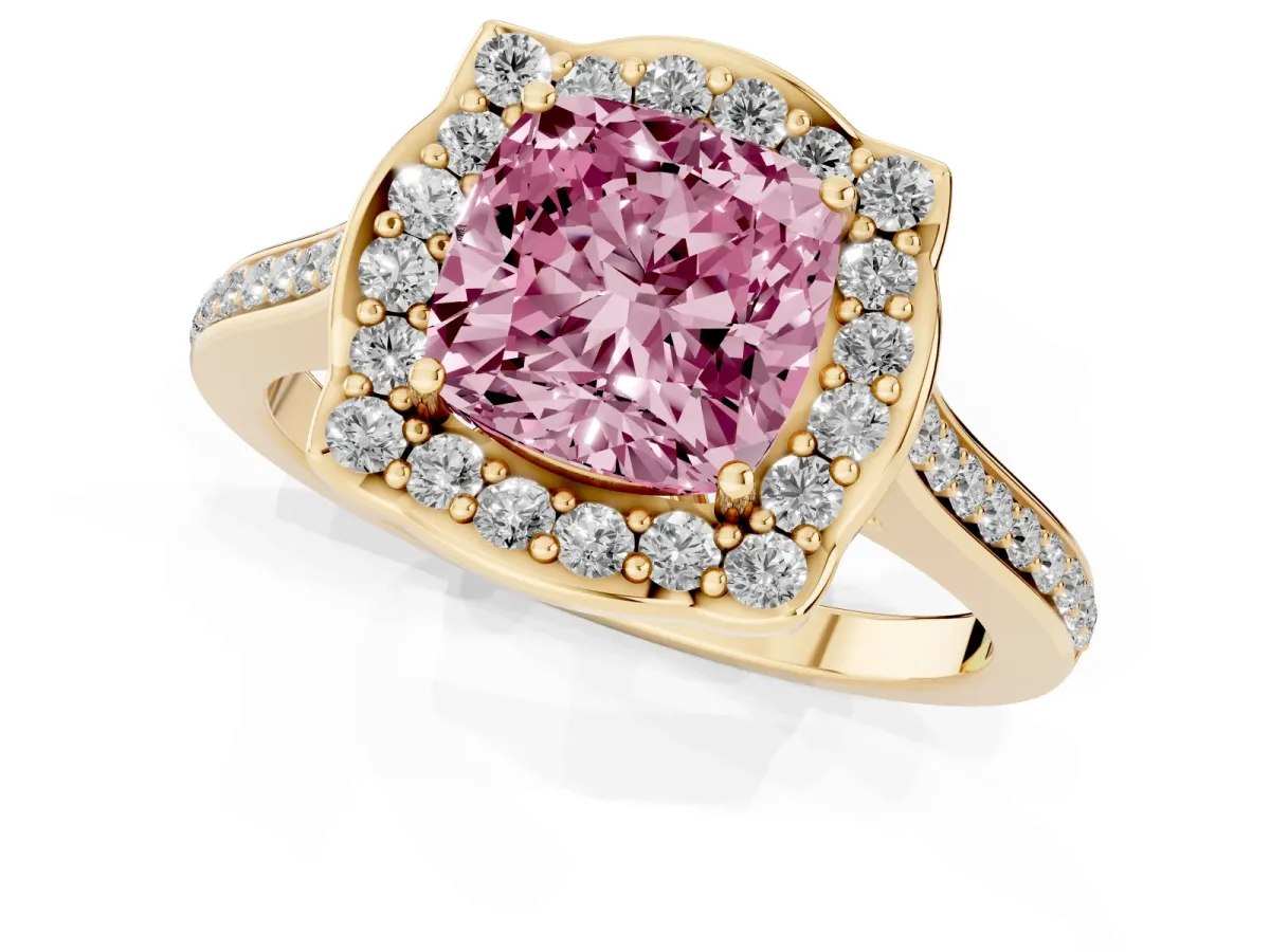 Fancy Pink Cushion Cut Halo Round Diamond Pave Band with Four-Prong Setting Yellow gold