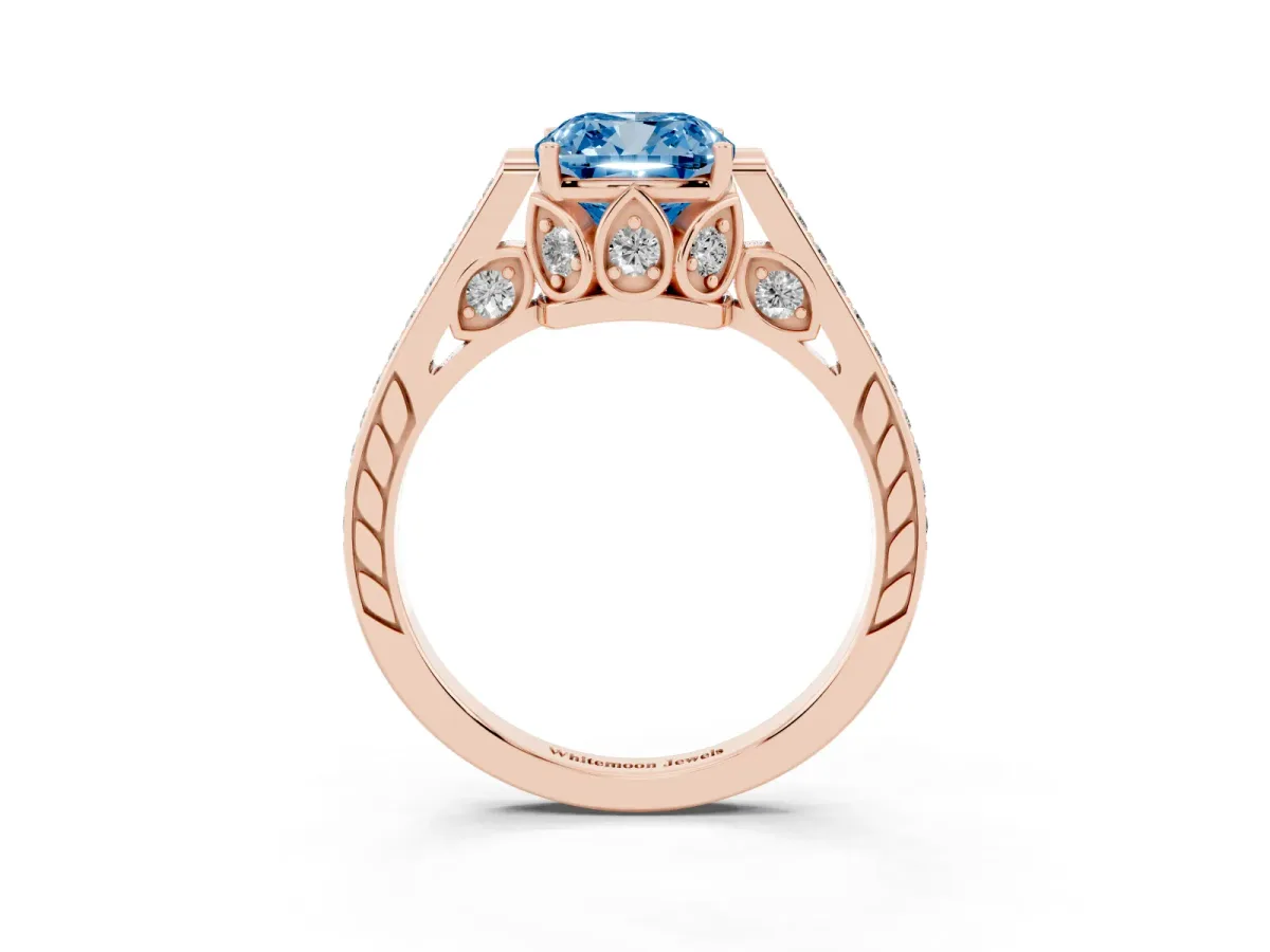 Fancy Blue Cushion Cut Cut Cathedral Pave Diamond Engagement Ring with Six-Prong Setting Rose gold