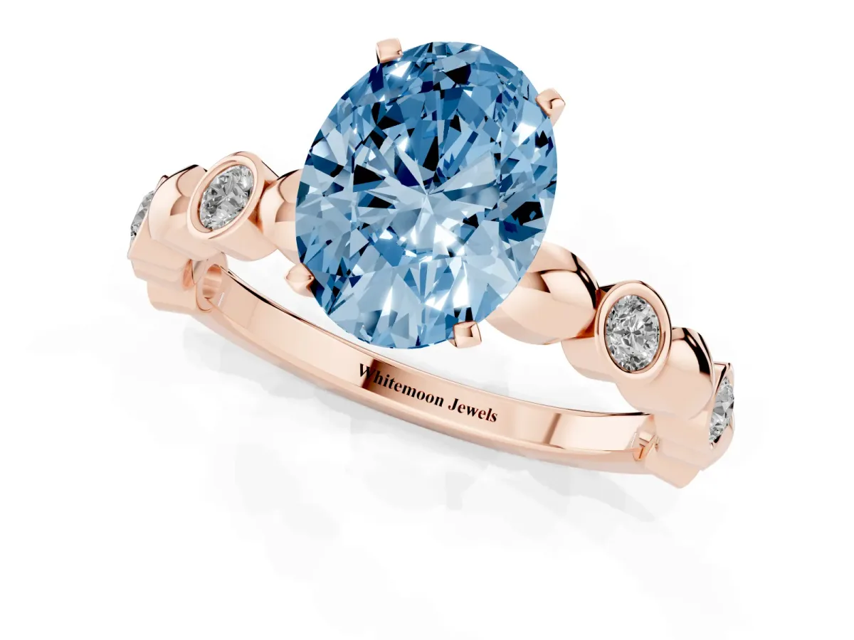 Fancy Blue Oval Cut Solitaire Bezel-Set Diamond Ring with Beaded Band and Four-Prong Setting Rose gold