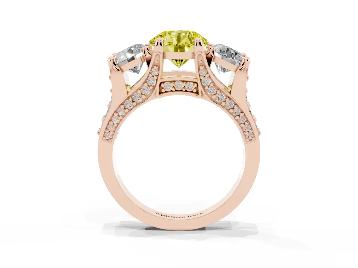 Fancy Yellow Round Cut Diamond Three-Stone Ring with Channel Set Band and Four-Prong Setting Rose gold