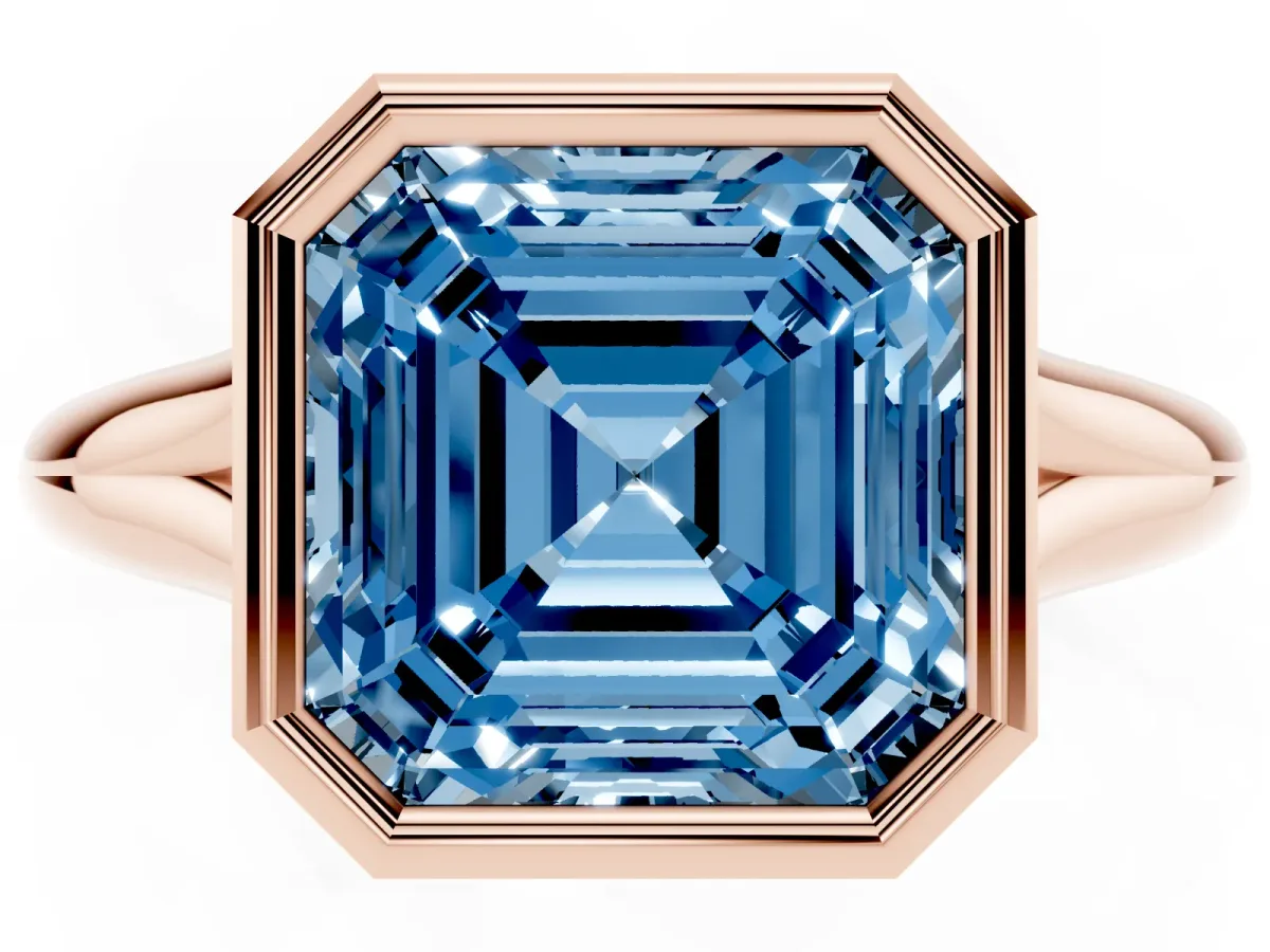 Fancy Blue Bezel Set Asscher Cut Solitaire Diamond Ring with Smooth Band Rose gold
