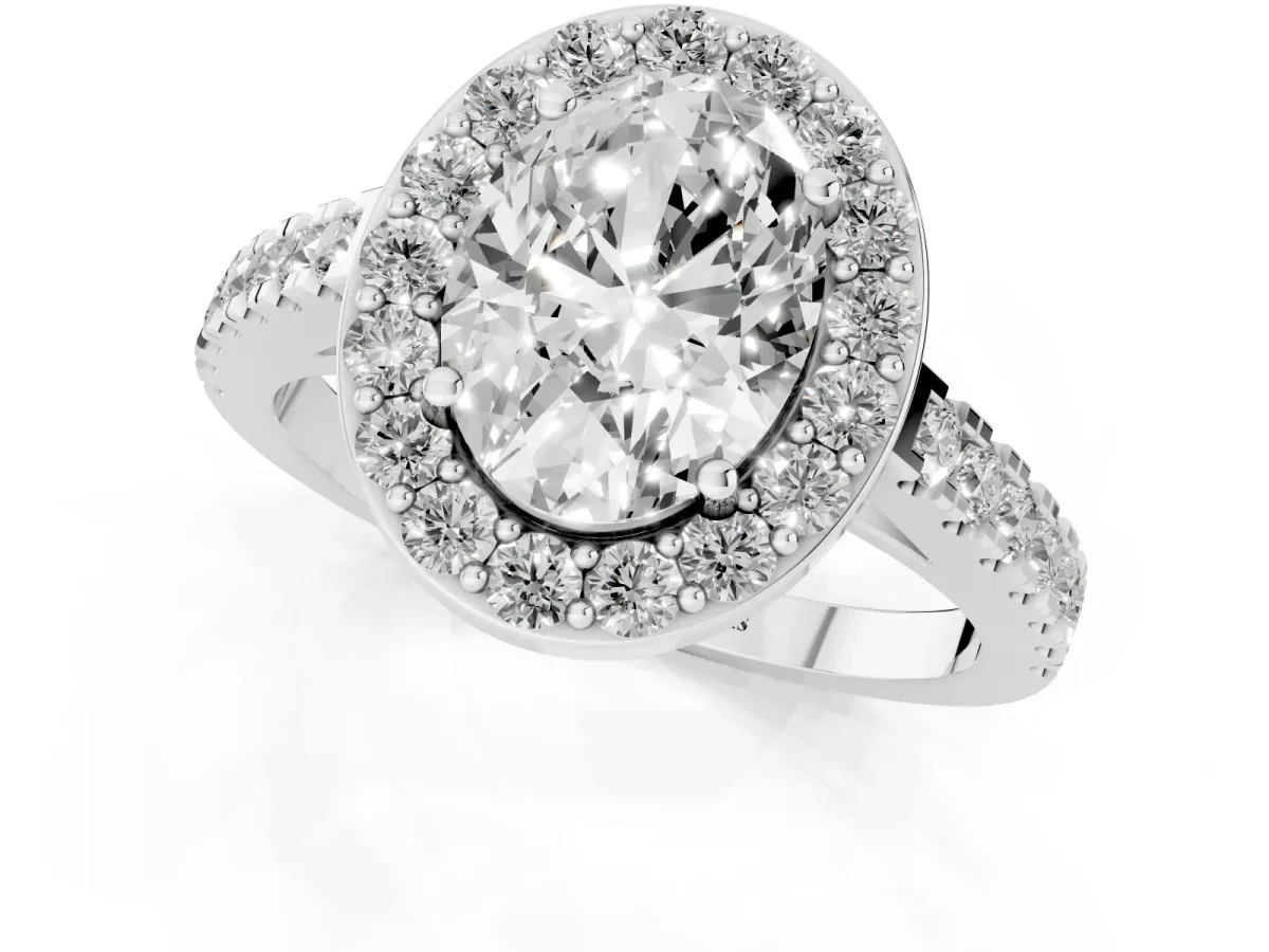 Oval Cut Diamond Halo Ring with Round Pavé Split Shank and Prong Setting White gold