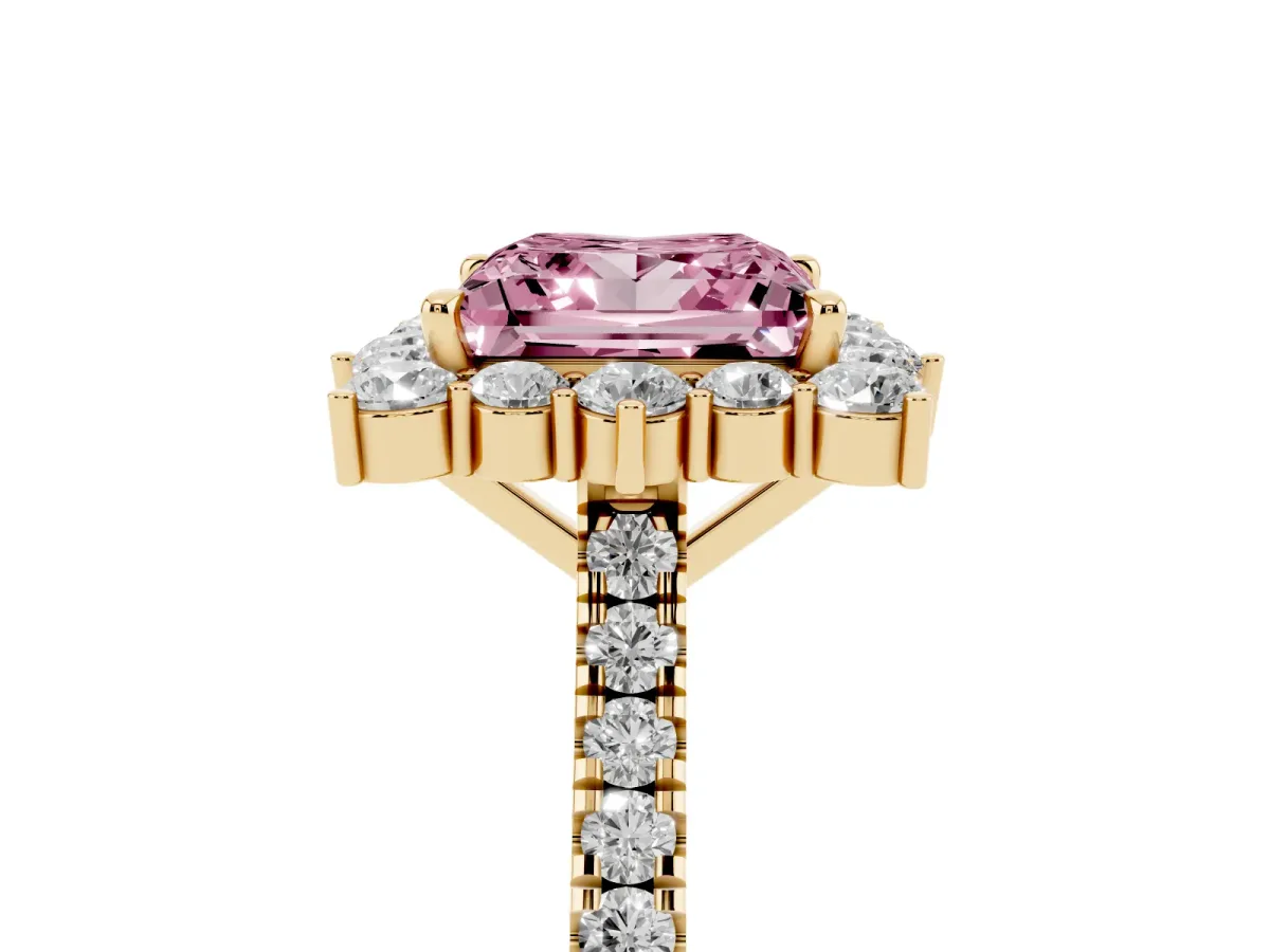 Fancy Pink Princess Cut Halo Diamond Ring with Pavé Band and Prong Setting Yellow gold