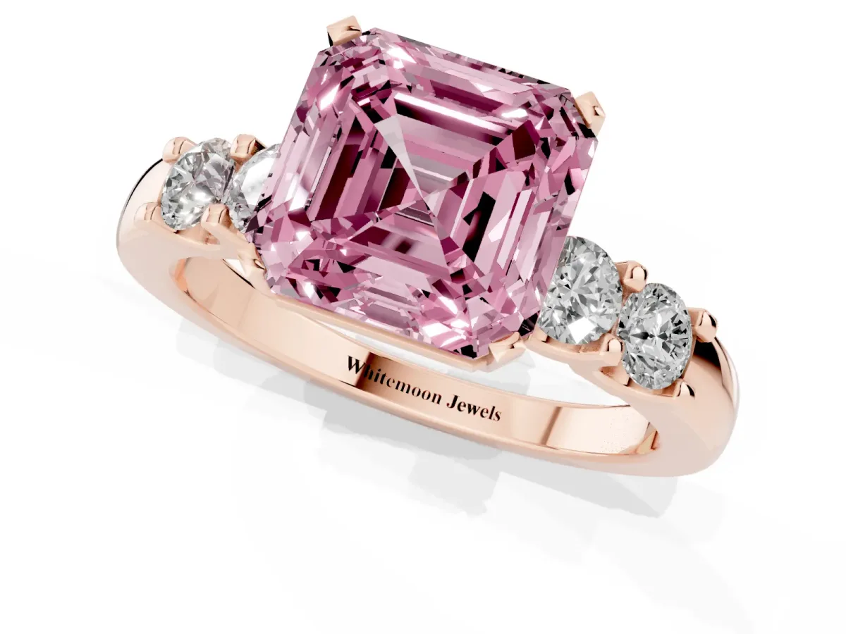 Fancy Pink Asscher Cut Brilliant Cut Diamond Five-Stone Prong Set Engagement Ring with Channel Band Rose gold