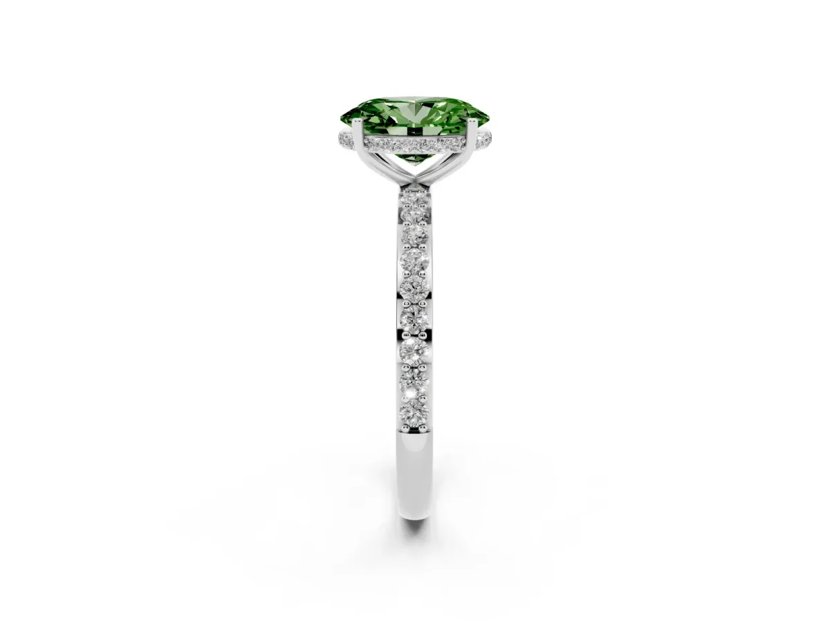 Fancy Green Oval Cut Diamond Solitaire Ring with Pavé Band and Hidden Halo Silver