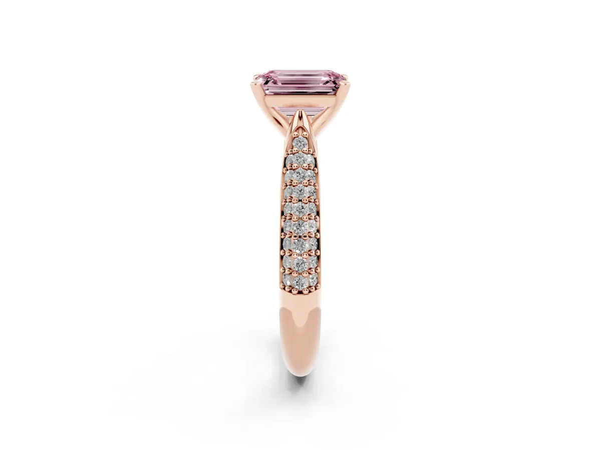 Fancy Pink Emerald Cut Diamond Solitaire Engagement Ring with Multi-Row Round Pavé Band and Prong Setting Rose gold