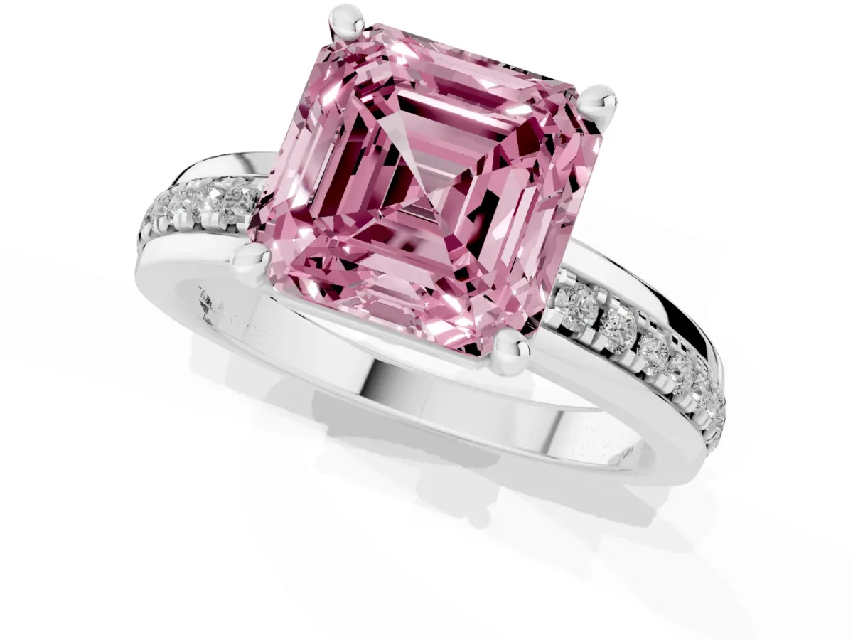Fancy Pink Asscher Cut Solitaire Diamond Ring with Channel Set Band and Six-Prong Setting White gold