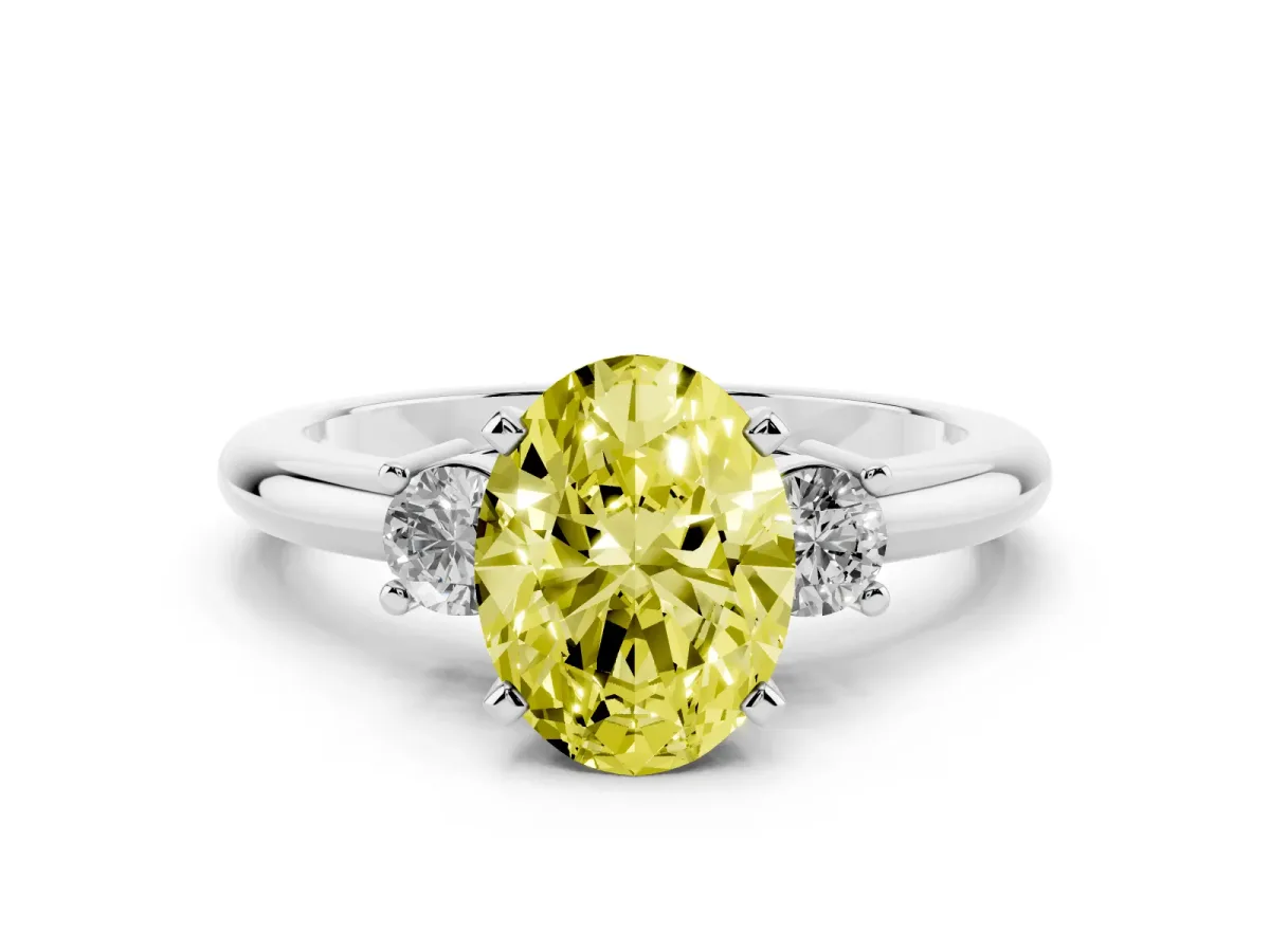 Fancy Yellow Three-Stone Oval Cut Cut Diamond Solitaire with Prong Setting and Classic Band Silver