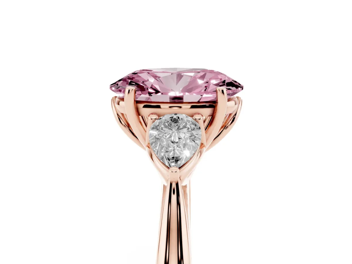 Fancy Pink Three-Stone Oval Cut Brilliant Diamond Solitaire Ring with Tapered Band and Four-Prong Setting Rose gold