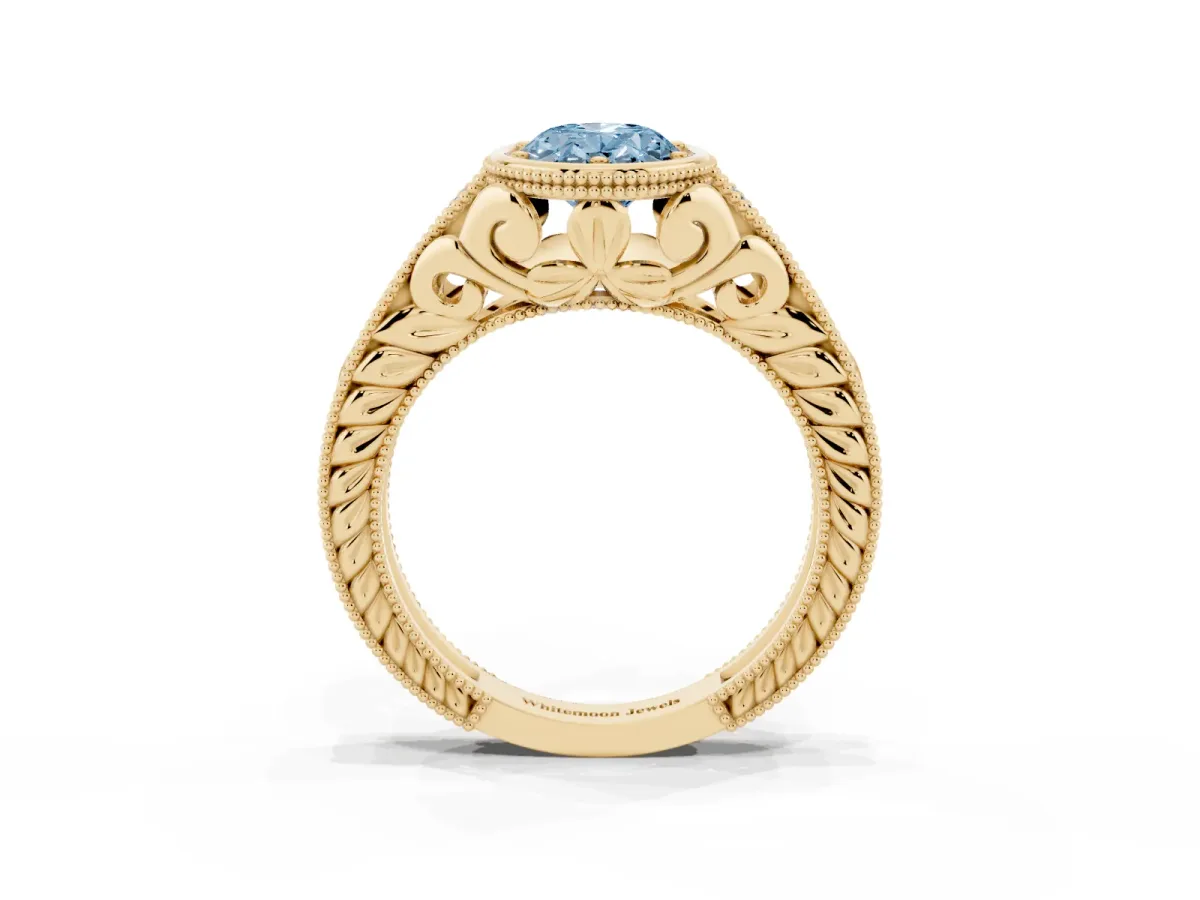 Fancy Blue Bezel Set Oval Cut Diamond Milgrain Pave Engagement Ring Yellow gold
