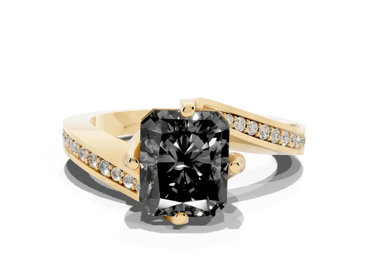 Fancy Black Radiant Cut Solitaire Diamond Twist Band with Pavé Setting and Four-Prong Setting Yellow gold