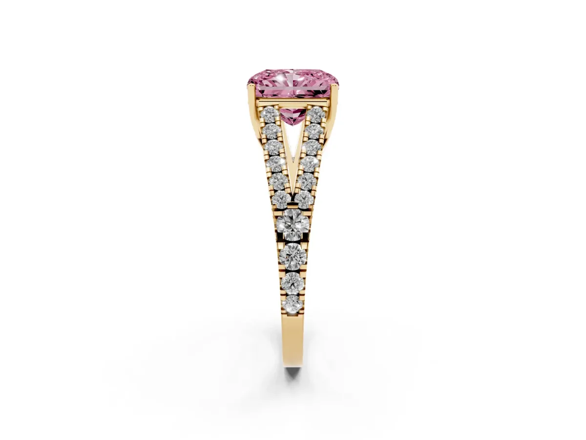 Fancy Pink Radiant Cut Diamond Split Shank Pavé Engagement Ring with Four-Prong Setting Yellow gold