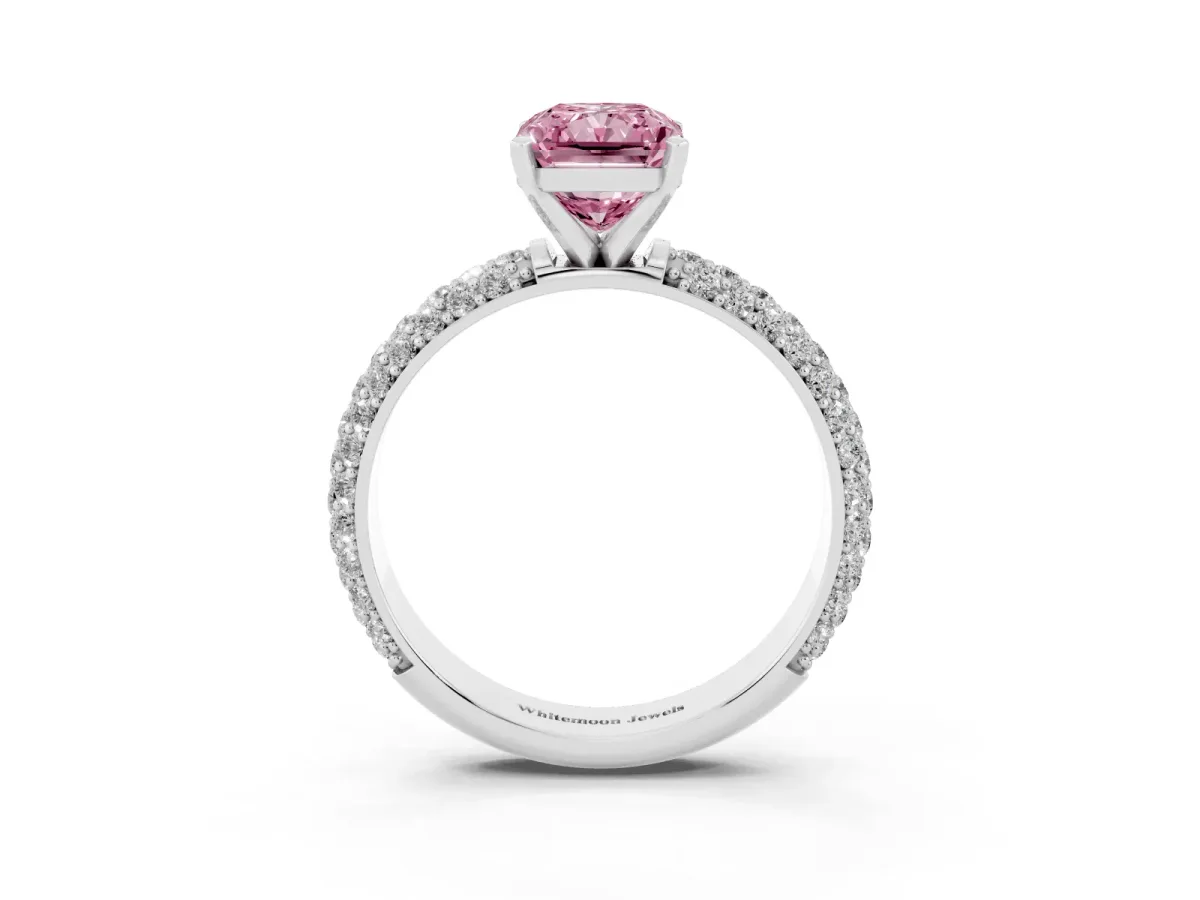 Fancy Pink Radiant Cut Diamond Solitaire Ring with Prong Setting and Pavé Band Silver