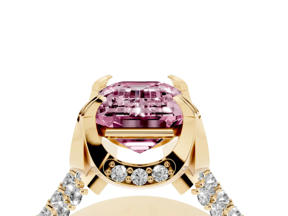 Fancy Pink Emerald Cut Solitaire Pave Split Shank Ring with Four-Prong Setting Yellow gold