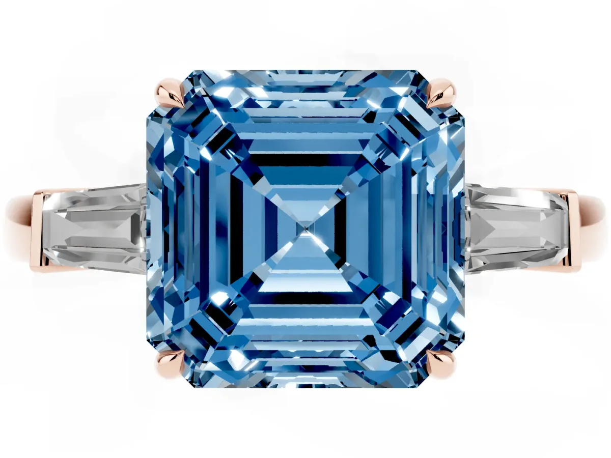 Fancy Blue Asscher Cut Diamond Three-Stone Ring with Tapered Baguette Side Stones and Prong Setting Rose gold