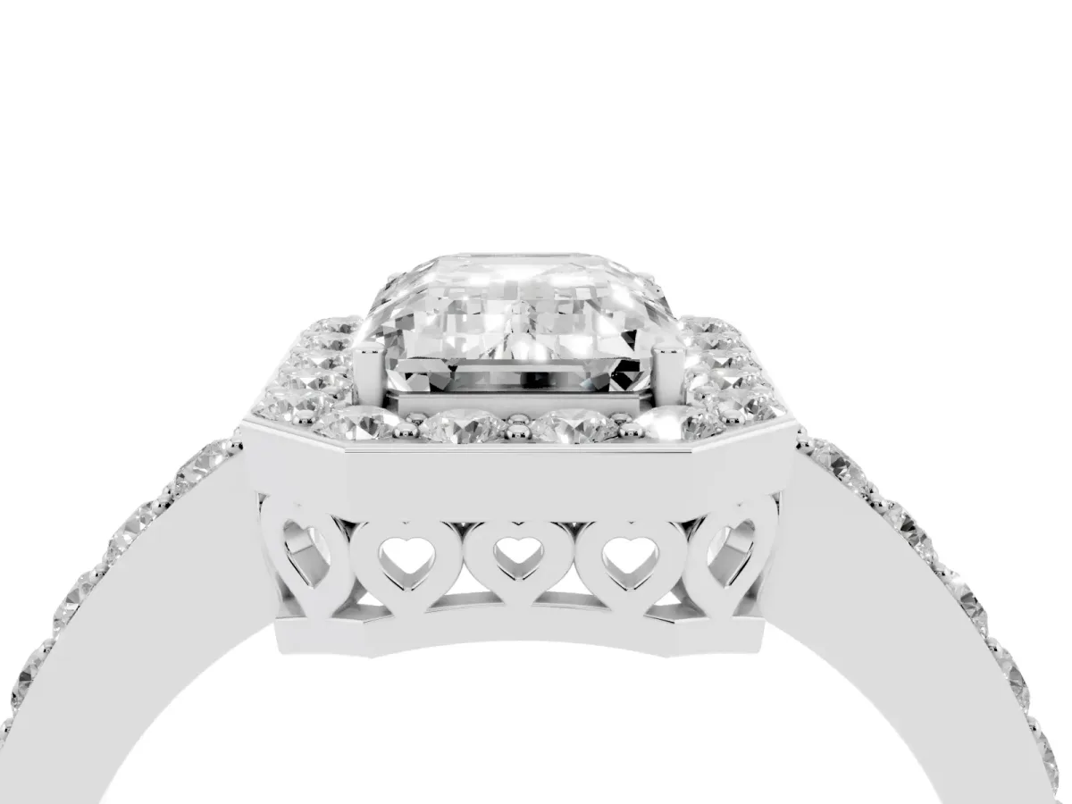 Emerald Cut Halo Diamond Pavé Band Ring with Prong Setting Platinum